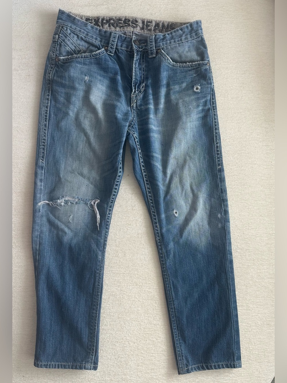 Express Men's Slim Straight Distressed Blue Jeans